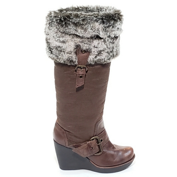 Aldo Shoes - Aldo Tall Wedge Fur Boots Brown Leather Buckle